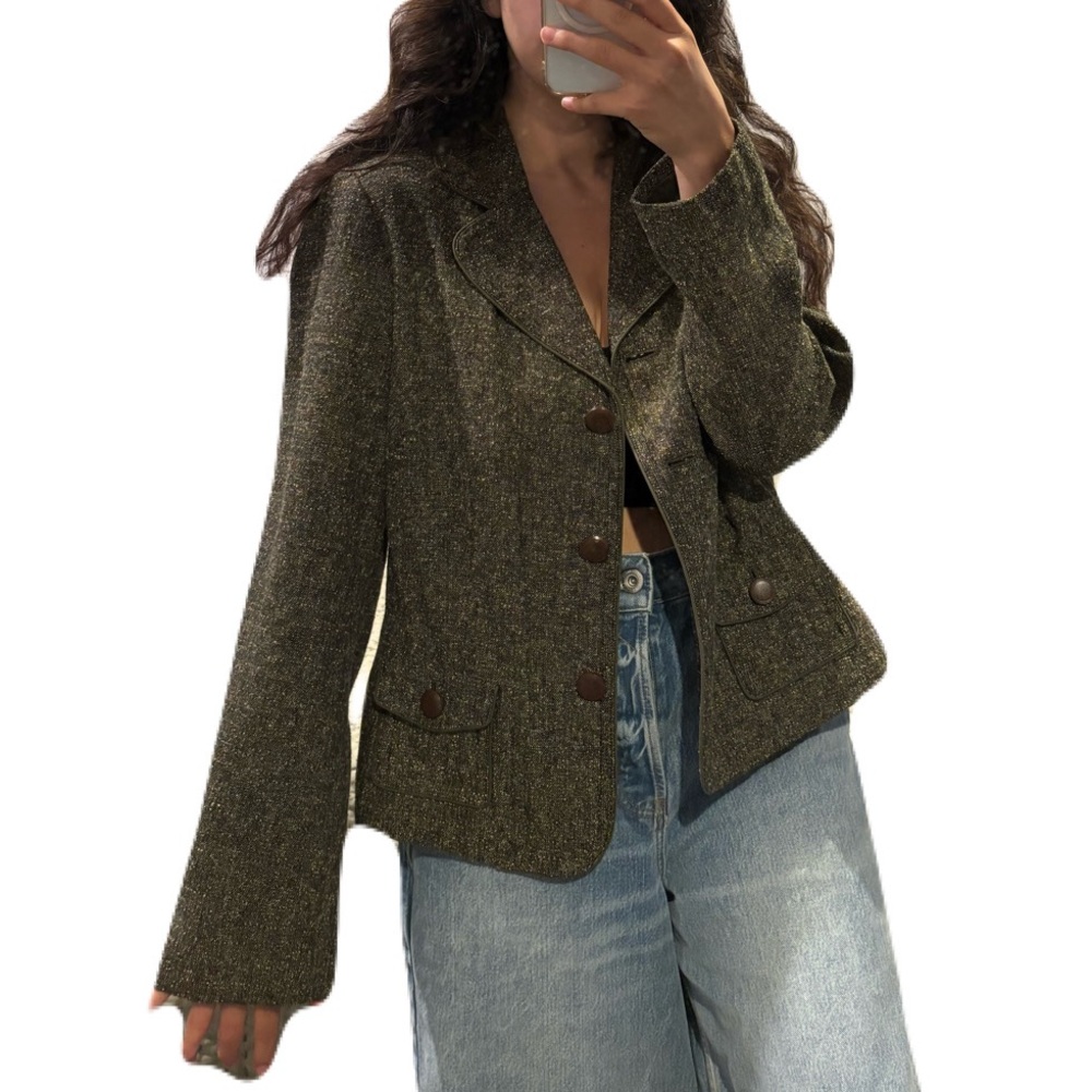Olive green Women's Tweed Blazer - Picture 6 of 6